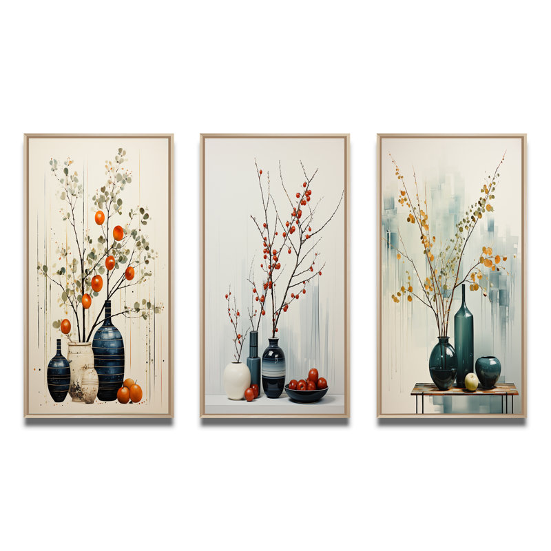 «Orange Minimalist Oasis Pottery», ensemble d'art mural minimaliste de 3, H 32 po x l 48 po, Cadre naturel flottant