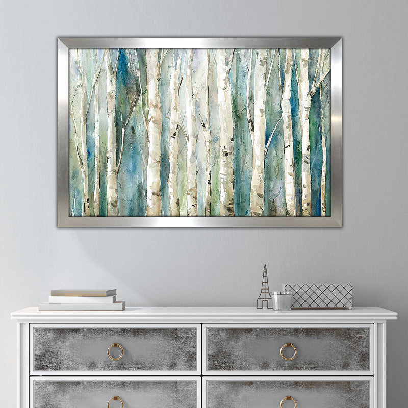 Birch River Walk par Carol Robinson - Peinture, Encadrement argenté, H 21,5 po x l 27,5 po, Argent argent