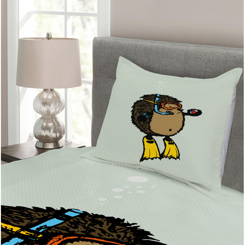 White Twin Reversible Kids Bedspread Set with Cartoon Hedgehog