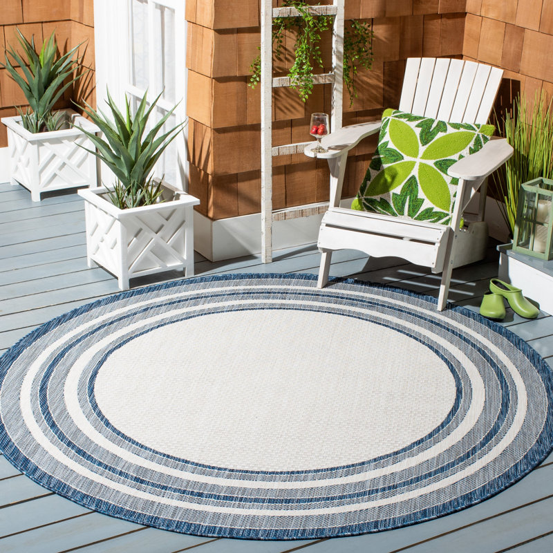 Chapa Striped Ivory/Navy Indoor/Outdoor Area Rug, Round 4'