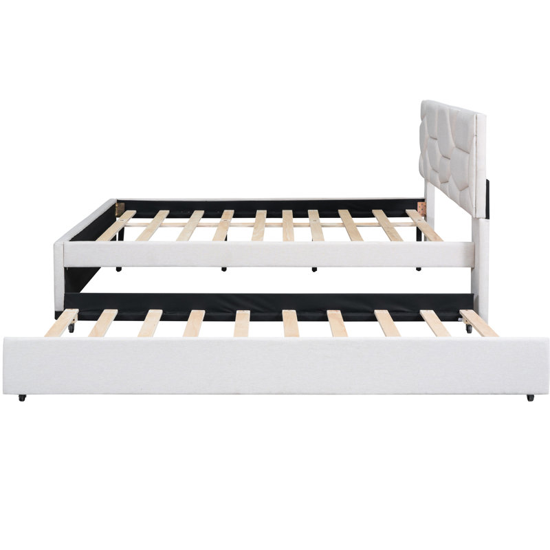 Beige Linen Fabric Upholstered Platform Bed With Brick-Pattern Headboard And Extendable Twin Trundle Brick Pull-Out In