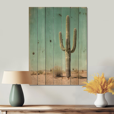 Minimalist Cactus And The Desert Sky II - Floral Cactus Wood Wall Decor - On Natural Pine Wood