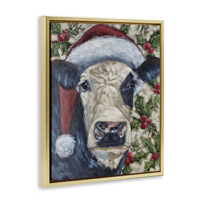 «Cow with Festive Holly», art mural encadré sur toile flottante par Sara G. Designs