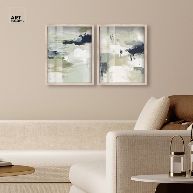 «Serene Abstract Duo Shadowbox», ensemble d'art mural abstrait par Art Remedy, H 21 po x l 17 po, Cadre blond