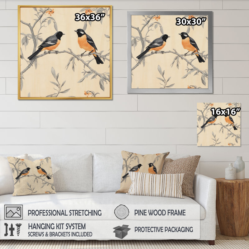 «Orange Black Birds On Trees II», reproduction sur toile encadrée, Cadre doré à une seule photo, H 30 po x l 30 po x P 1 po