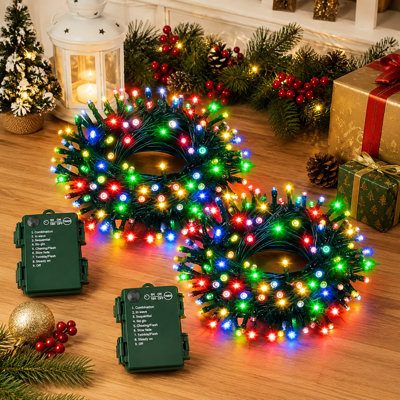 2-Pack 33FT Battery-Operated Christmas Lights with 100 LEDs Total, Timer and 8 Modes, Waterproof Multicolor for Indoor/Outdoor Decor