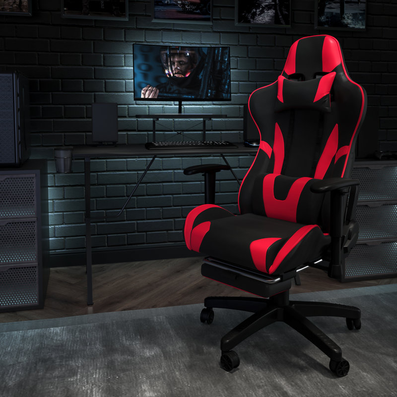Adjustable Ergonomic Swivel Computer Gaming Chair with Fully Reclining Back and and Slide-Out Footrest, Red/Black