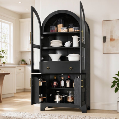 Armoire de cuisine cintrée de 195 cm de haut avec portes vitrées et tiroirs dissimulés, noire, avec étagère à épices latérale intérieure pour le rangement dans la cuisine et la salle à manger.