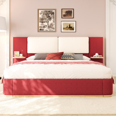 Grand lit plateforme rouge avec panneau rembourré, coins arrondis doux, structure stable, sans sommier, tablettes latérales pour plateforme avec cadre de rangement, tête de lit confortable, utilisation silencieuse, fabrication,