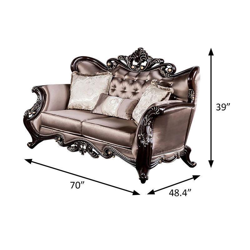 70" W Traditional Loveseat, Dark Cherry/Brown, Dark Brown Wood, Dark Cherry/Brown
