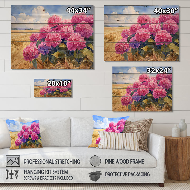 Hortensias dans le champ de blé III - décoration murale en bois d'hortensias - sur bois de pin naturel, H 10 po x l 20 po