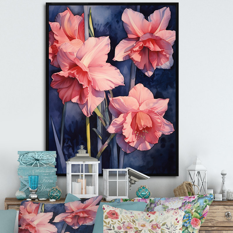 «Pink Blue Daffodils Natures Impression» sur toile, Cadre flottant noir, H 20 po x l 12 po x P 1 po