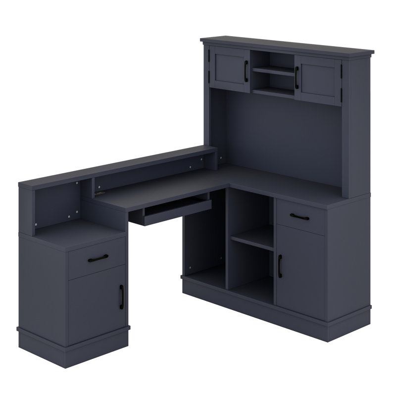 Bureau d'ordinateur en L avec prise de courant, tiroirs, bibliothèque et rangement