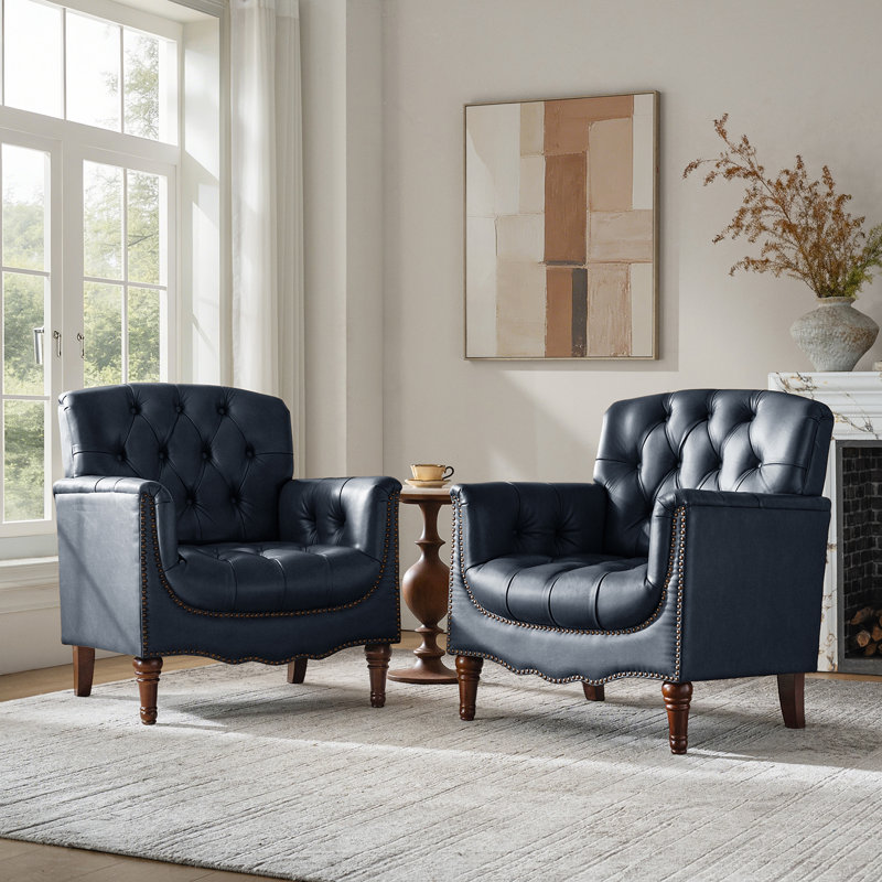 Fauteuil en cuir véritable capitonné Annja, Marine