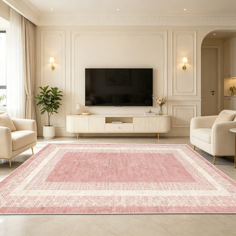 1PC Blush Pink & Cream Geometric Bordered Farmhouse area rugs for Living Room, Soft and Comfortable, Suitable for all seasons, easy-to-maintain, machine washable Indoor floor mat, Under Table Farmhouse suitable for Dining Table, Bedroom, Entryway,