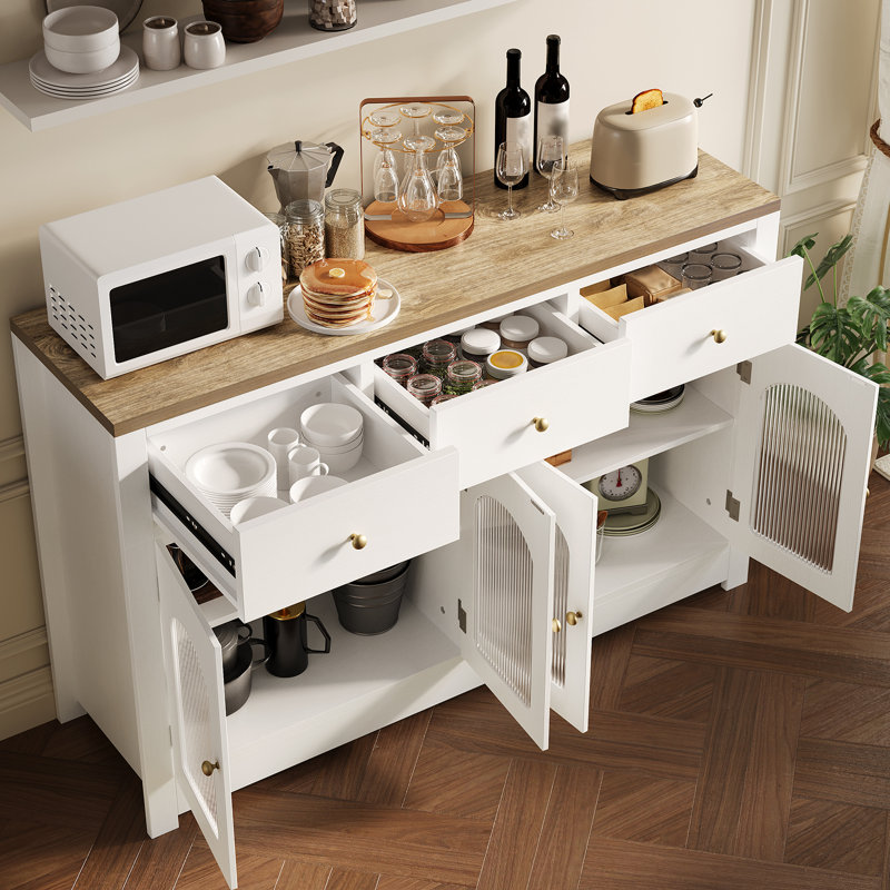 Buffet Farmhouse, armoire vitrine avec tablette réglable, Brun / Blanc