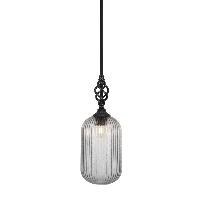 Mini-luminaire suspendu suspendu Elegté avec finition en noir mat et verre côtelé de 8,25 po