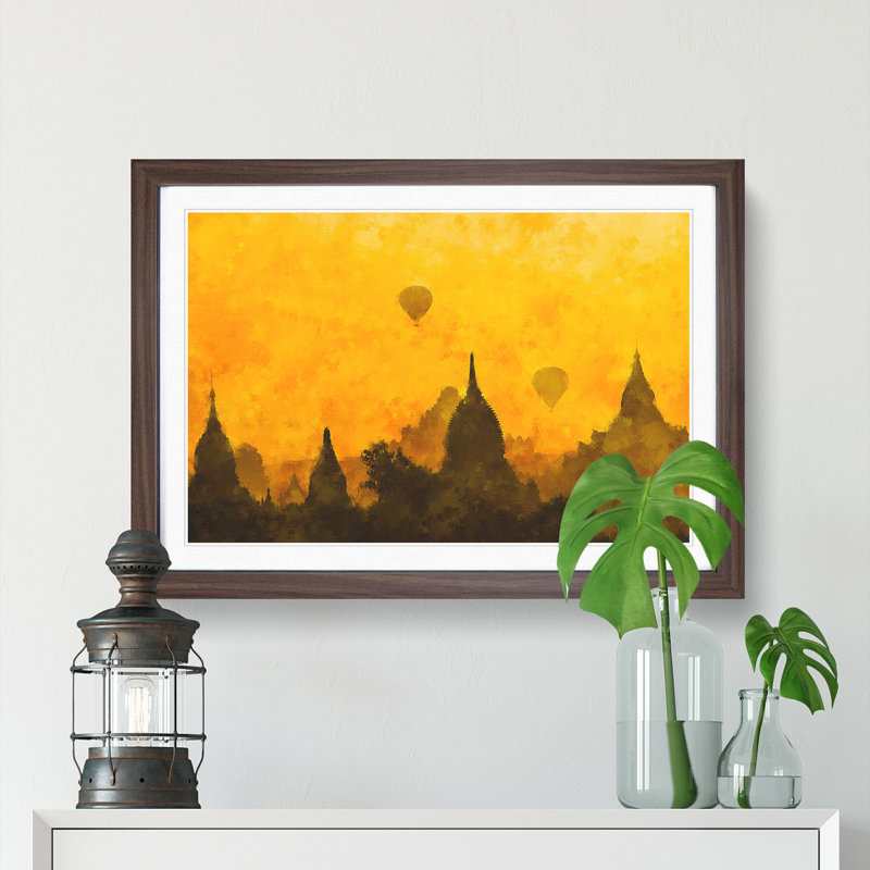 Hot Air Balloons over Old Bagan - Picture Frame Painting Print, 62cm H x 87cm W x 2cm D, Walnut Framed