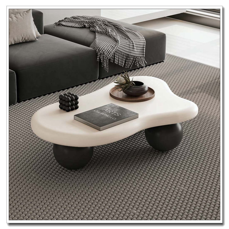 Table basse de 40 pouces en forme de nuage avec 3 pieds sphériques, Plateau blanc / base noire