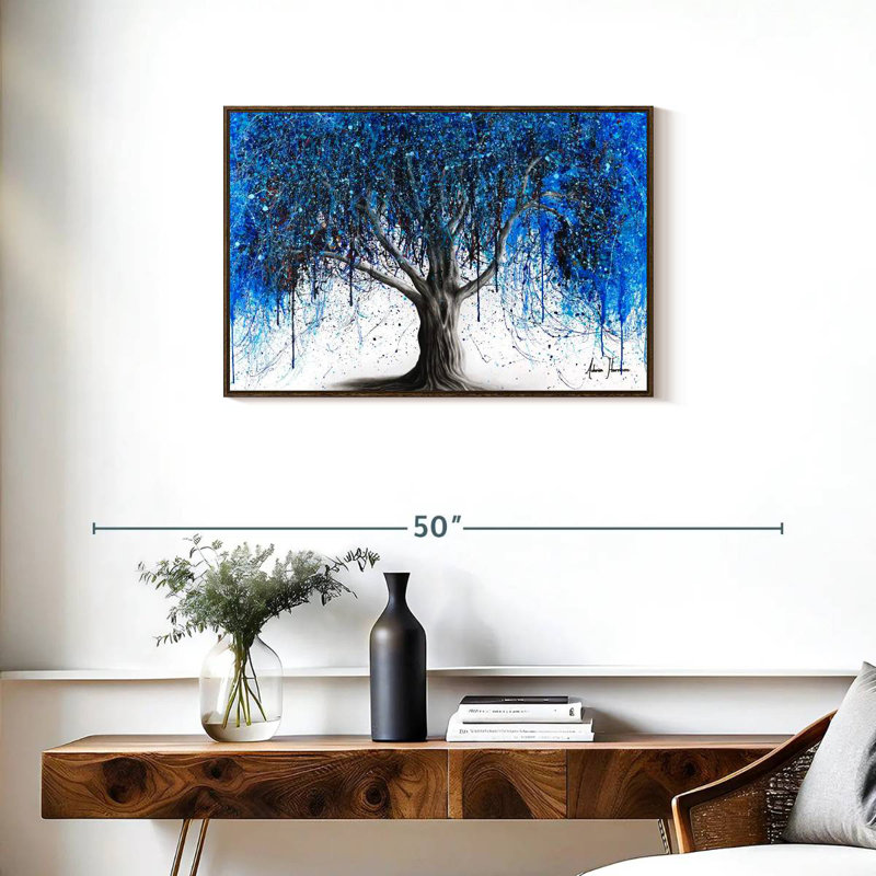 Arbre bleu au clair de lune, Cadre flottant en noyer, 31 po x 21 po