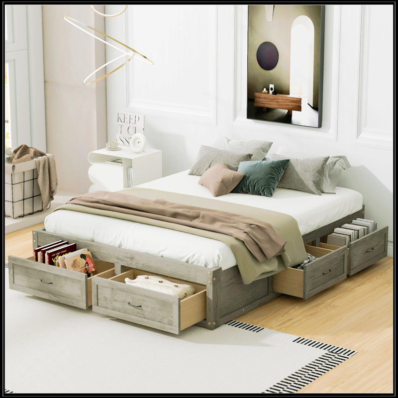 Grand lit plateforme avec 6 tiroirs de rangement, Gris antique