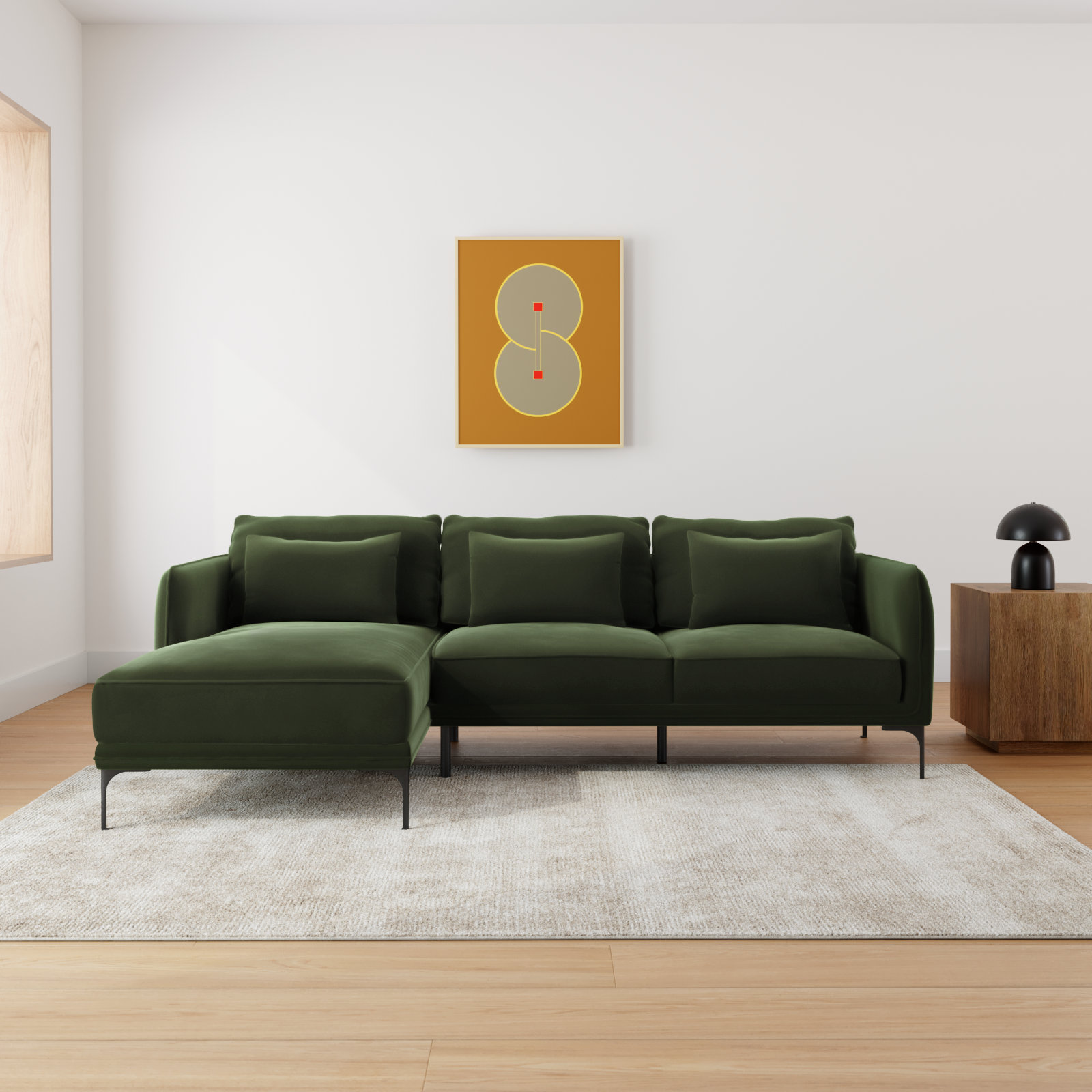 Rae Velvet Modular Sectional, Green Cotton Blend, Left Hand Facing