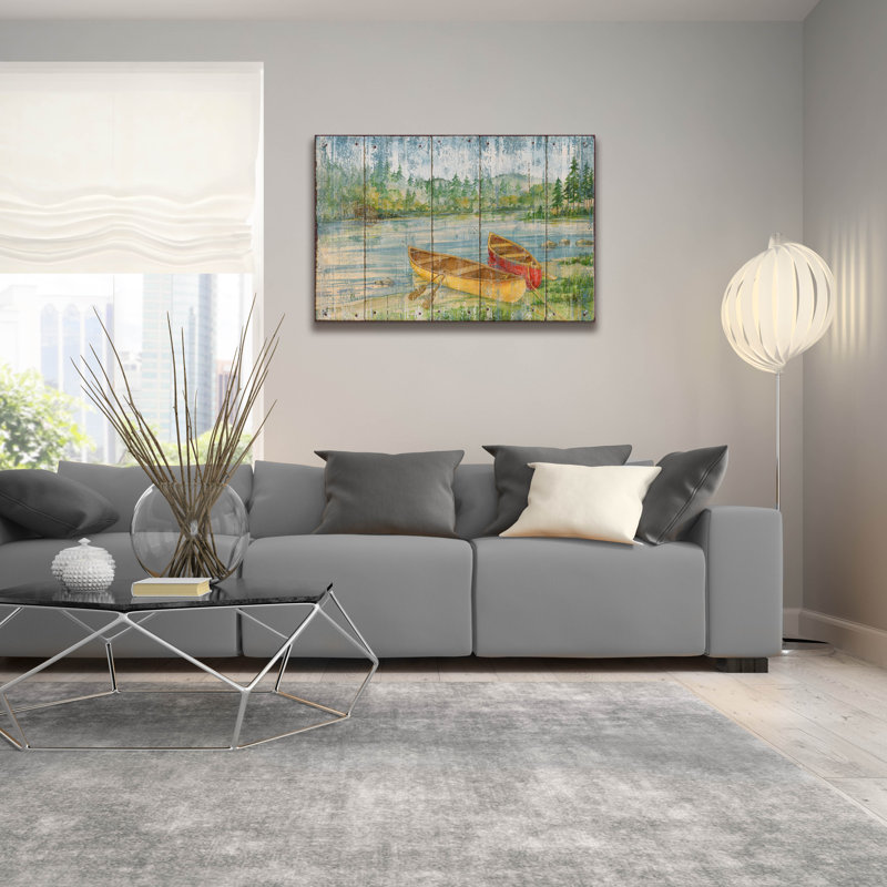 «Canoe Camp - Distressed» par Paul Brent, art mural en verre acrylique, H 24 po x l 36 po x P 0,2 po