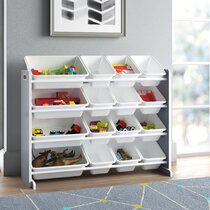 Catch-All Kids Multi-Cubby 35in Toy Organizer with Bookrack - White