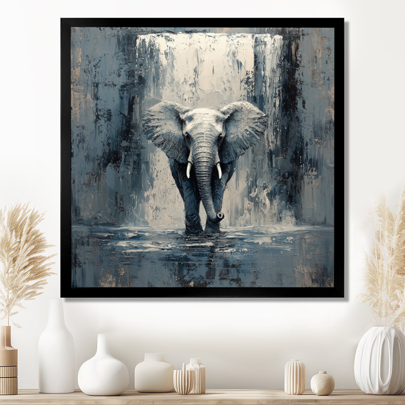 Éléphant monochrome et la cascade III - éléphant, art mural, H 16 po x l 16 po, Avec cadre, Noir