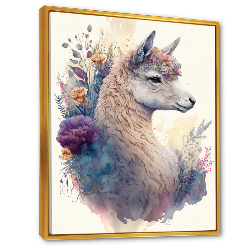 «Cute Llama Floral III», impression sur toile, H 20 po x l 12 po x P 1 po, Cadre flottant doré