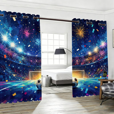 2Pcs Sports Stadium Blackout Curtains, Festive Fireworks & Confetti Window Drapes, Artistic Football Field Theme Thermal Insulated Room Darkening Panels for Living Room Bedroom Game Day Decor