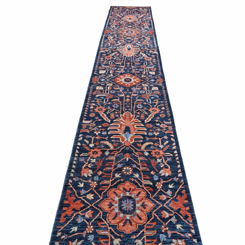 Hand Knotted Wool Area Rug in Navy, Runner 2'8" x 19'7"