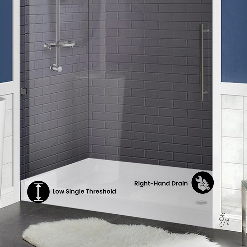Receveur de douche Voltaire 60 po x 36 po en acrylique blanc, à seuil unique et vidange à droite, Oui, Blanc