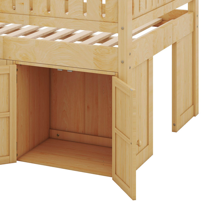 Full Size Loft Bed With Storage Cabinet & Chalkboard Panel, Sturdy Wooden Frame, Space-Saving Design, Natural
