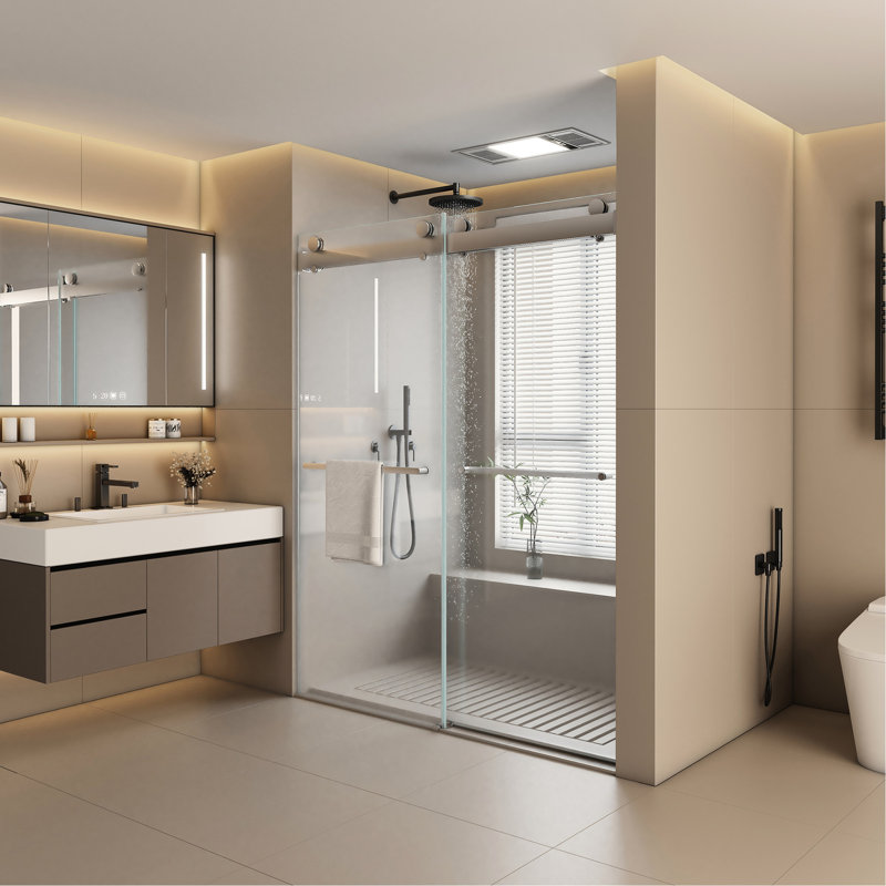 44 à 48 po W Double porte de douche coulissante, 76 H, verre trempé épais de 3/8 po, porte légère - quincaillerie en X