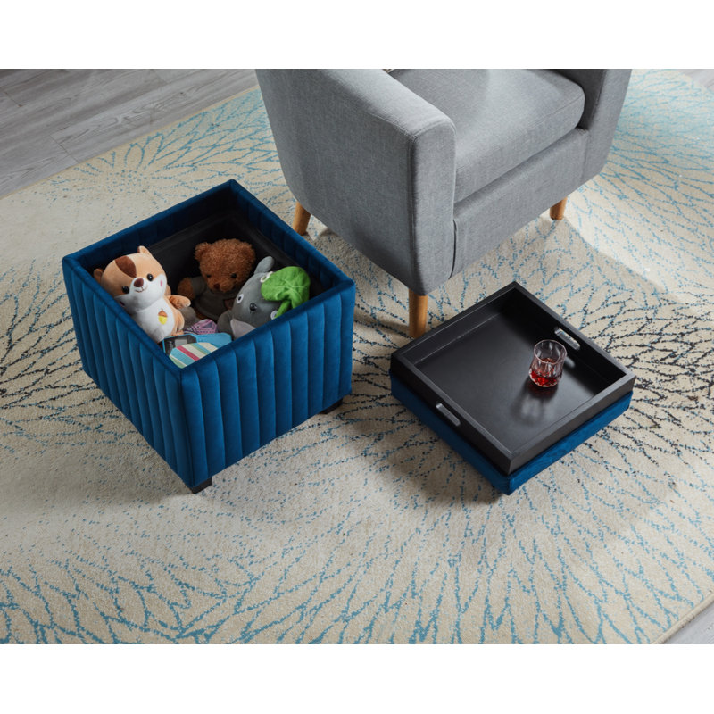 Ekstrom Upholstered Ottoman, Navy Blue Fabric