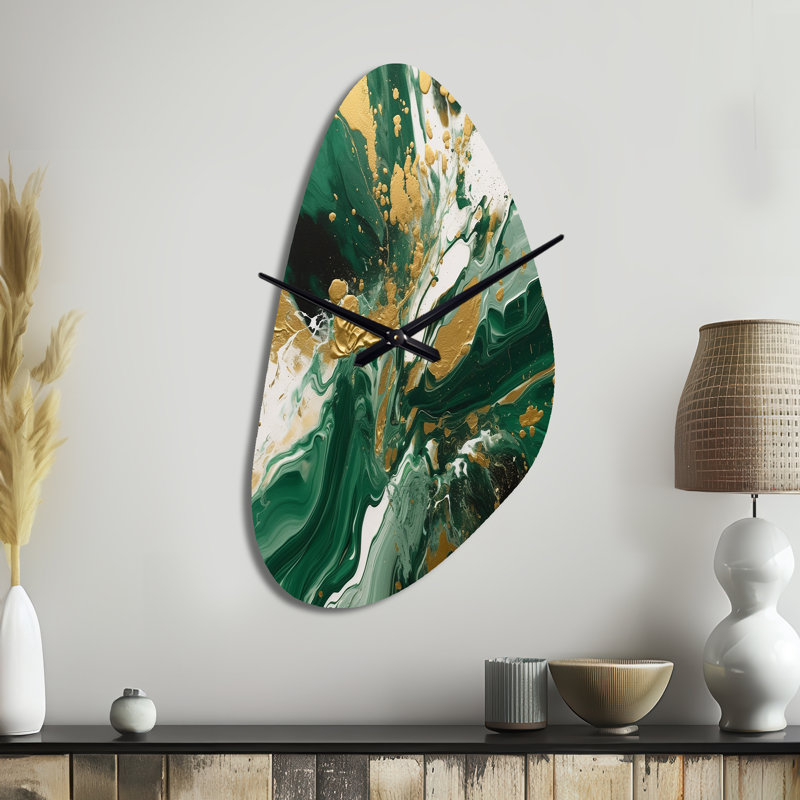 Vert et or liquide Magic I - horloge asymétrique abstraite en métal, horloge murale verte, Grand