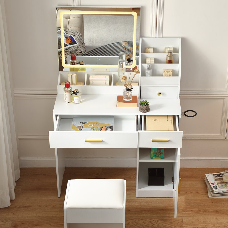  Vanity Desk With 3 Colors Led,Power Outlet and makeup organizer,makeup table with comfy chair and hair-dryer holder, white