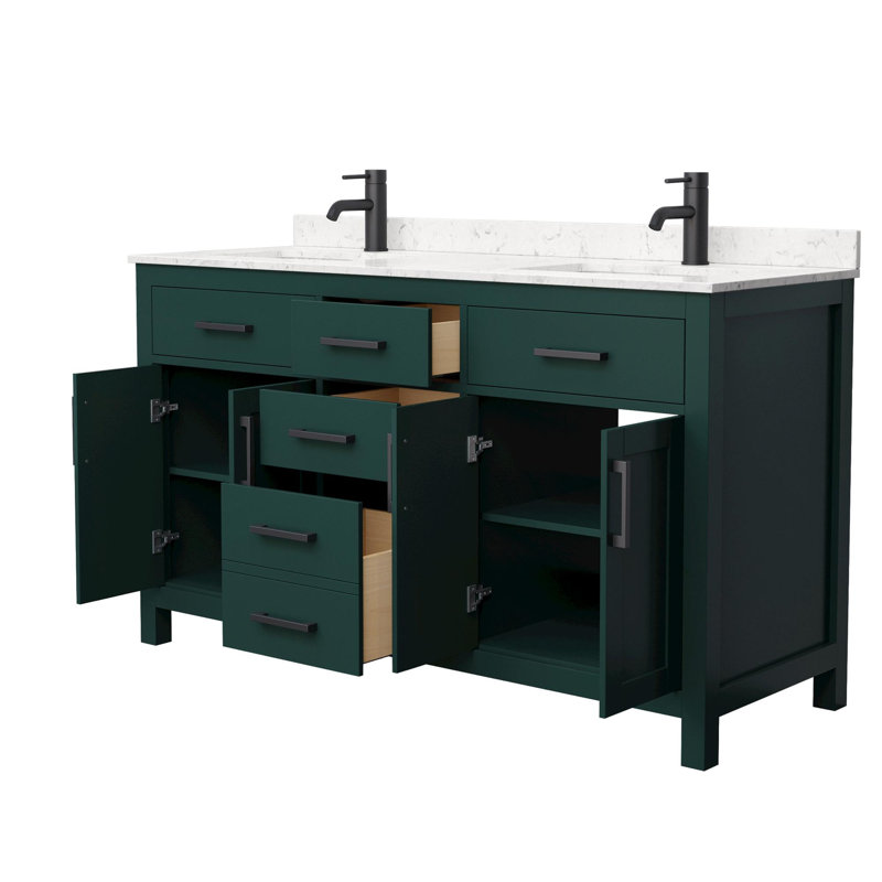 Beckett 60" Freestanding Double Bathroom Vanity with Cultured Marble Top, Carrara Cultured Marble, Matte Black, Green