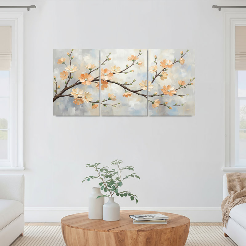 Ensemble de 3 tableaux muraux sur toile à motifs floraux de fleurs de cerisier, pour la décoration du salon et de la chambre.