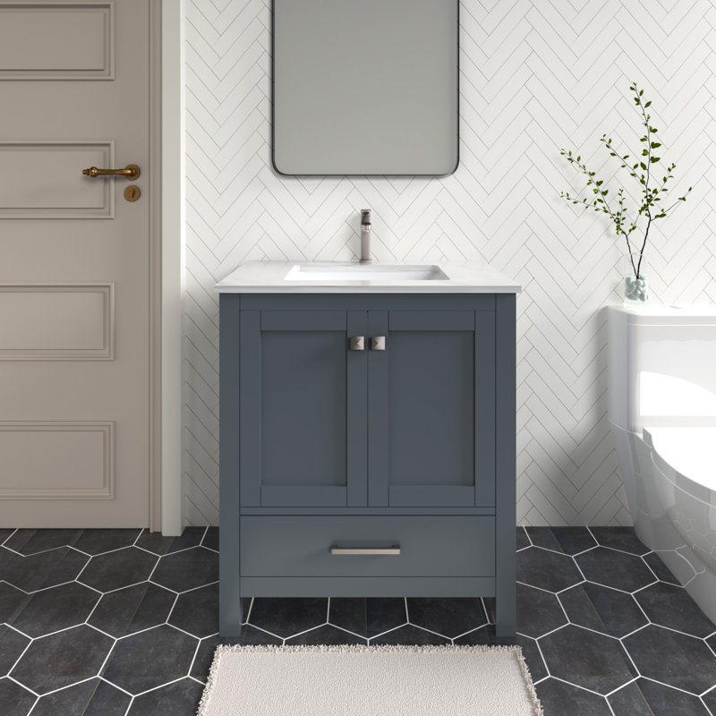 Ensemble de meuble-lavabo autoportant gris anthracite avec plateau en quartz de Carrare 30 po Anvay, Gris foncé