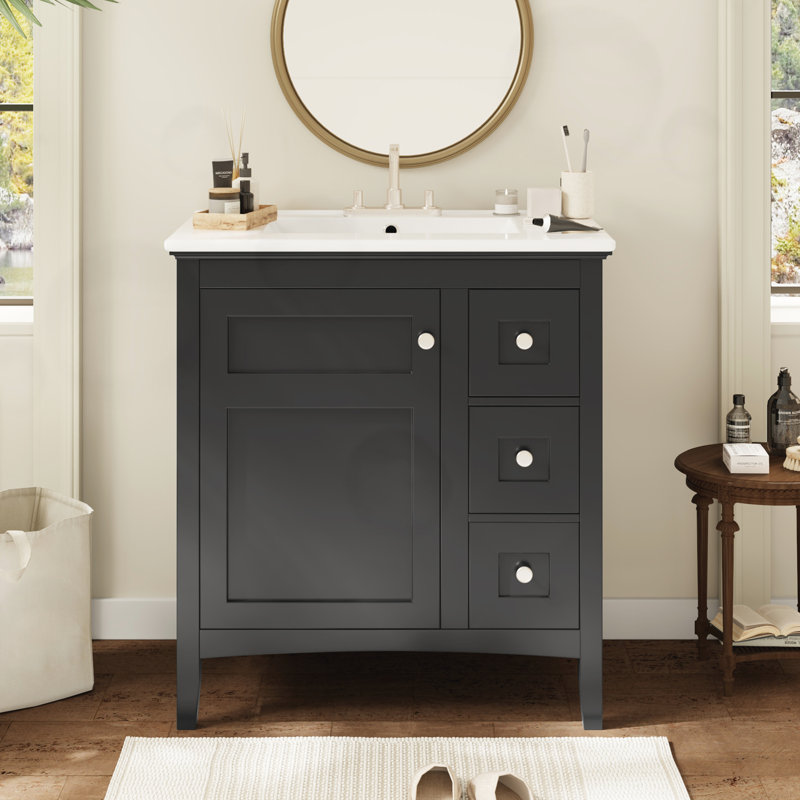Meuble-lavabo moderne avec lavabo en céramique et 3 tiroirs, Black