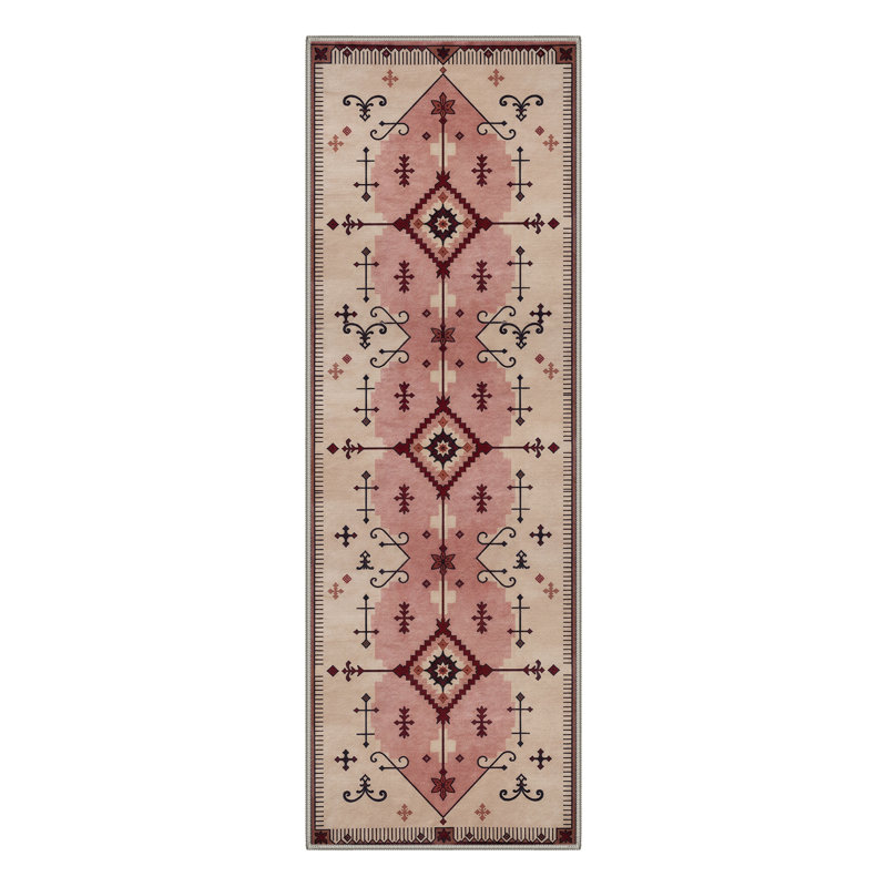 Boho Geometric Machine Washable Pink / Beige Indoor Area Rug with Non-Slip Backing, Runner 2' x 6'