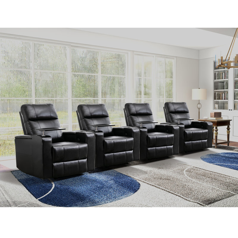 33.1'' Wide Modern Faux Leather Power Reclining Home Theater Individual Seat with Cup Holders (Set of 4), Black