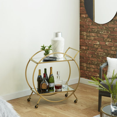 Metal Rolling Round 2 Mirrored Shelf Bar Cart with Top Handle