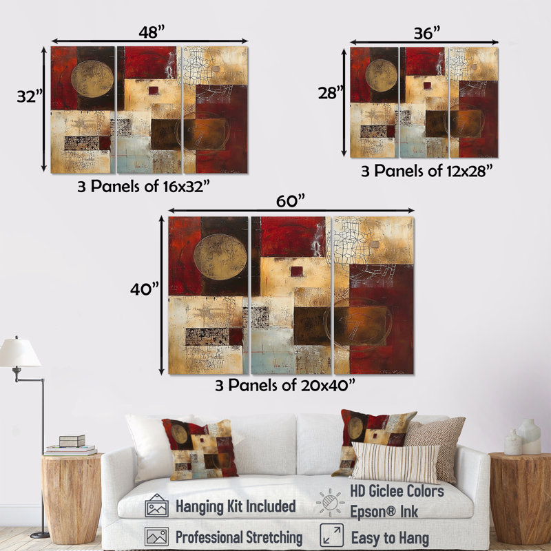 Golden Moon Cubist Abstract Faded Red - ensemble de décoration murale géométrique, Toile tendue, H 32 po x l 48 po x P 1 po