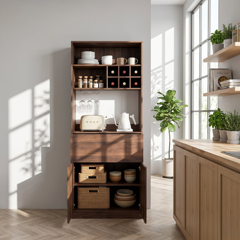 Walnut Kitchen Wine Cabinet with Multi-Functional Storage and Wine Rack