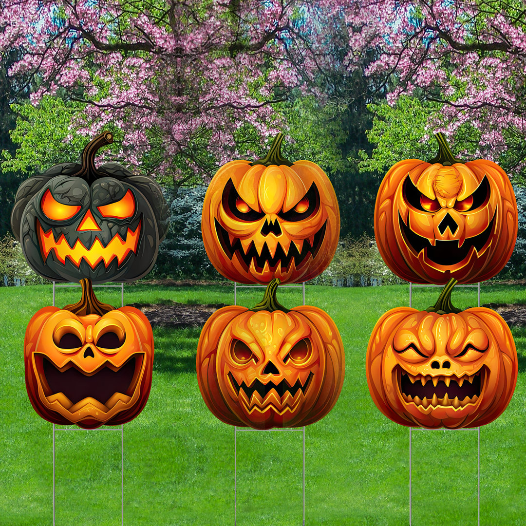 Halloween Scary Spooky Pumpkin Jack O Lantern 6Pack Waterproof Coroplast Plastic Yard Sign Lawn Sign Garden Stake Cardboard Standup The Holiday Aisle®