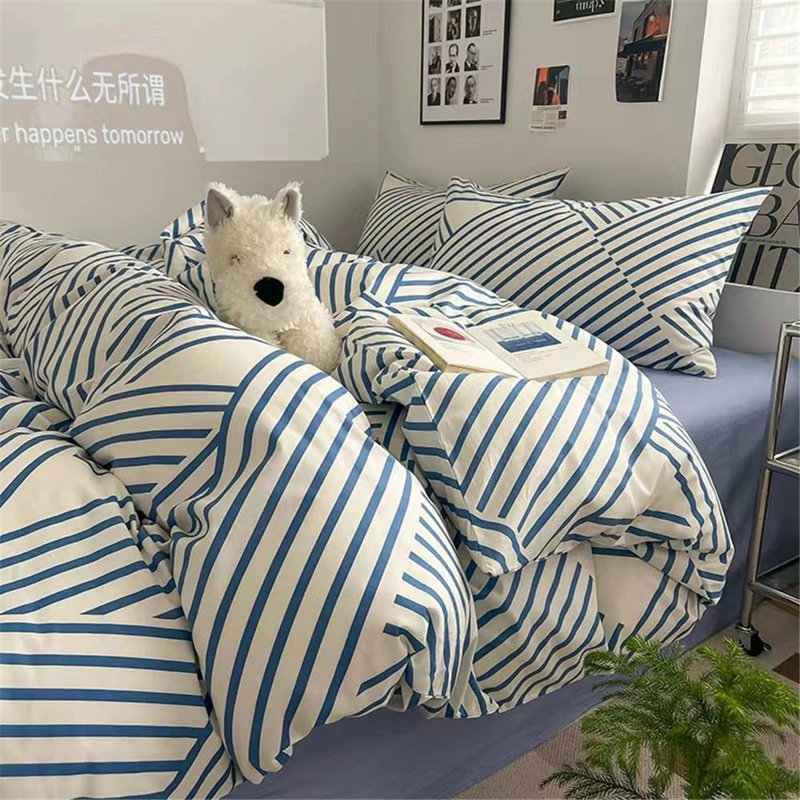 Modern Design 100% Cotton Duvet Cover Set, Blue Striped, King Duvet Cover + 2 King Pillowcases