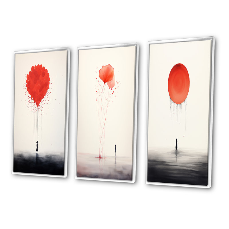 Serenity Minimal Aquarelle en rouge tendre II - ensemble de 3 pièces d'art abstrait, Cadre flottant blanc, H 40 po x l 60 po